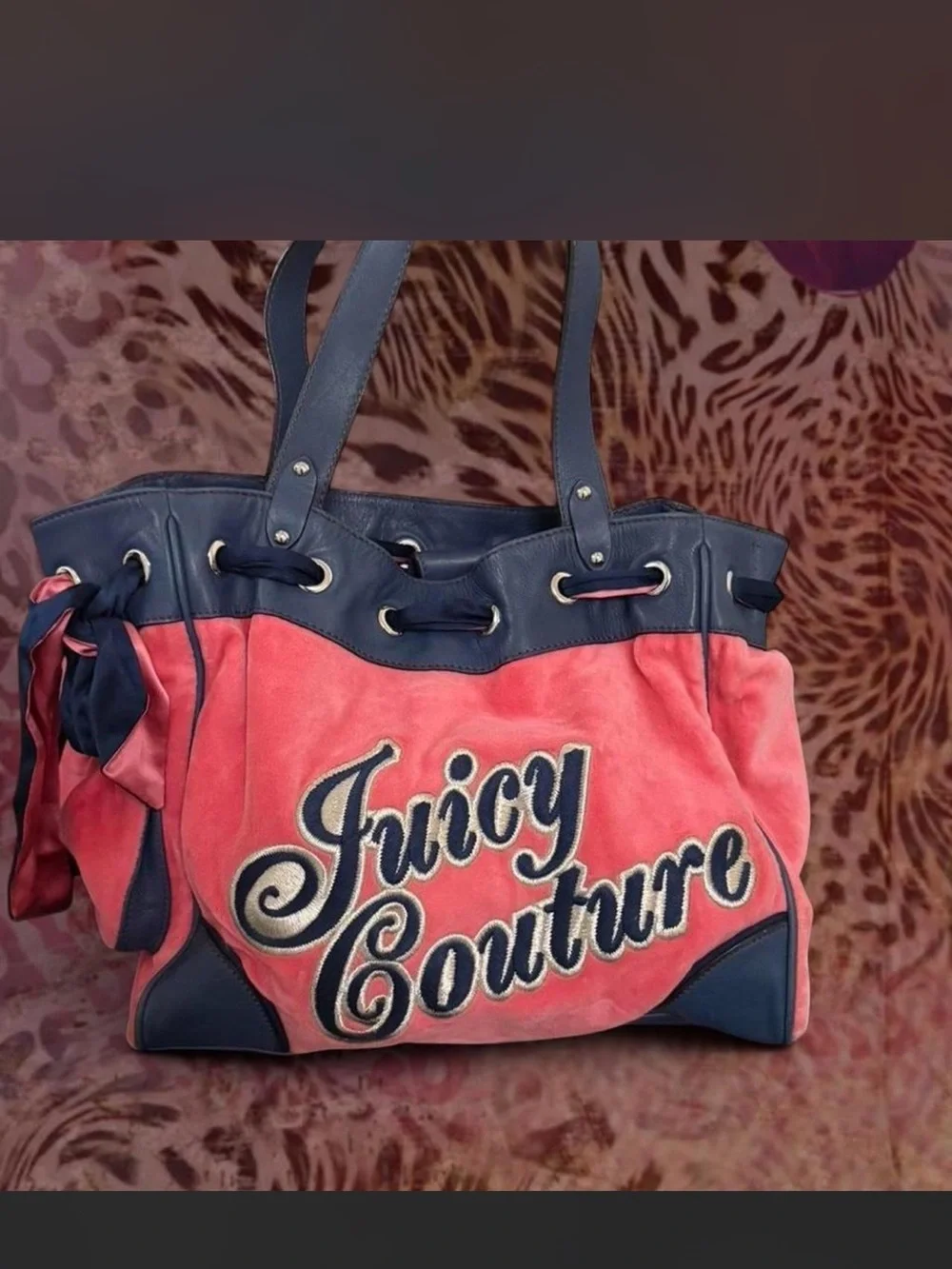 Juicy Couture Coral Pink and Navy Suede/Leather Tote